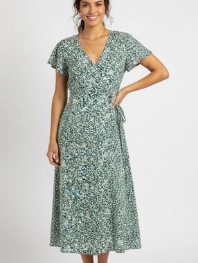 SIENNA SKY Dusty Blue Floral Midi Dress Short Flutter Sleeve